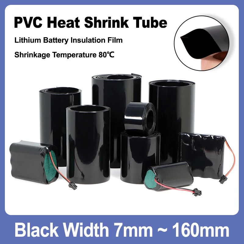 

1M ~ 20M Black Battery Films Width 7mm ~ 160mm Insulated Sleeving Protection Wrap PVC Heat Shrink Tube for Lithium Battery Packs