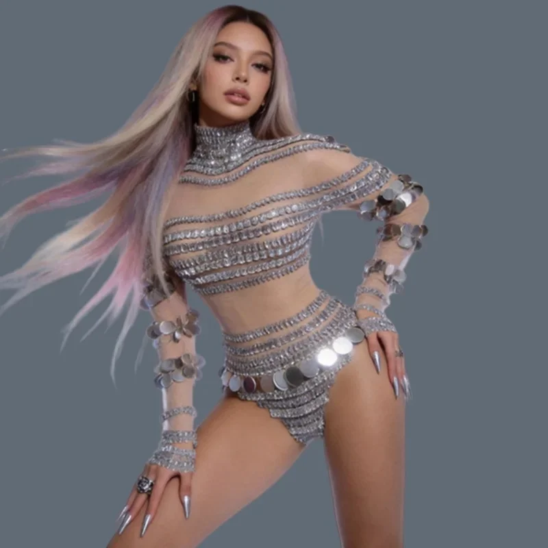 Silver Rhinestone Sparkly Sequin See Through Mesh Outfit Tight Fitting Bodysuit Nightclub Party Stage Dance Sexy Costume Jiamian