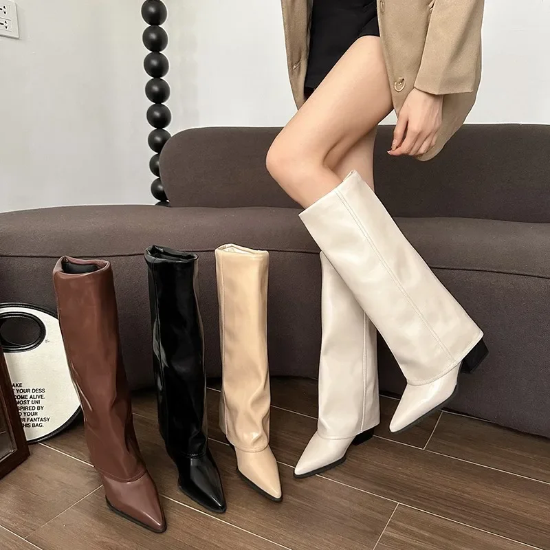 Women Gladiator Long Boots Trend Pointed Toe Mid Heels Shoes Elegant Winter New Knee High Woman Knight's