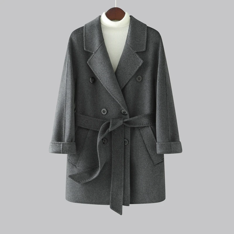 Women's 100% cashmere coat casual solid color lapel coat short double-sided woolen coat double-breasted cardigan belt pocket