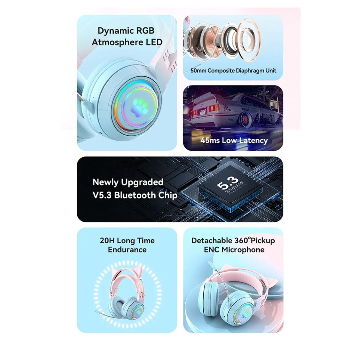 2025+ سماعة رأس بلوتوث لاسلكية على شكل قرون لطيفة مع ضوء RGB للأطفال باللون الوردي