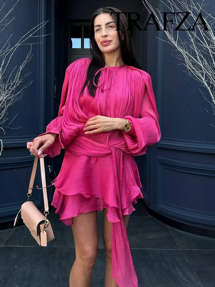 

TRAFZA Women Summer Fashion Crew Neck Pleated Decoration Long Sleeves Solid Mini Dress+Elegant 6-Color Rear Zipper Slim Shorts