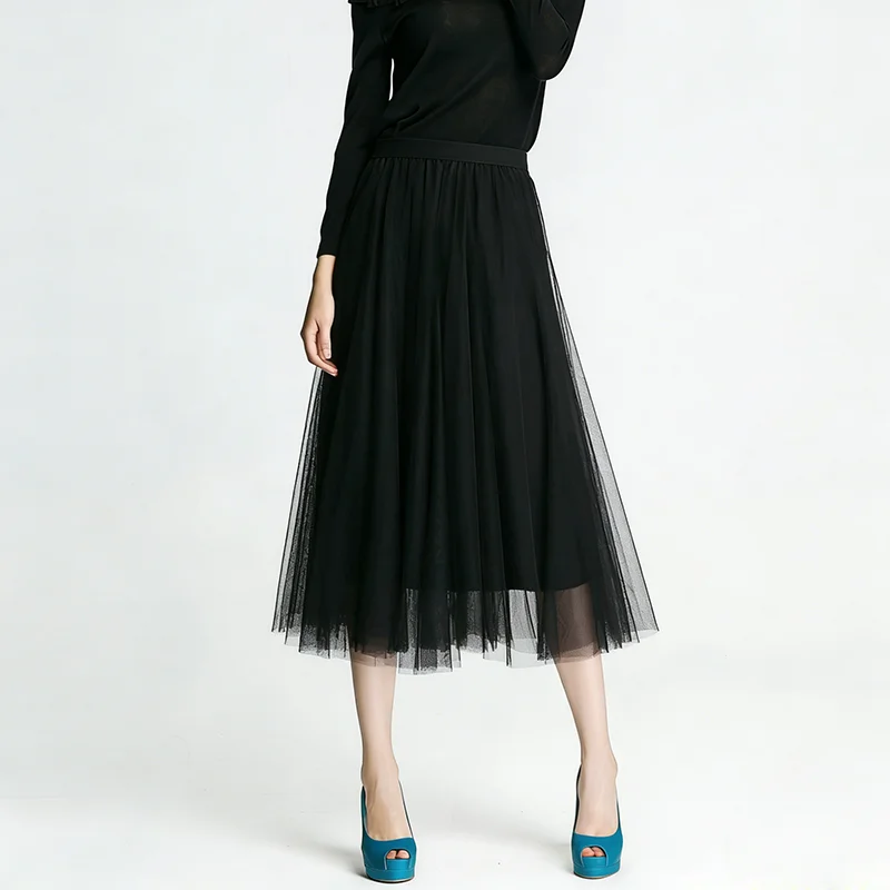 

New Mid Length Mesh High Waisted Elastic Pleated A-line Skirt For Lady PY26010