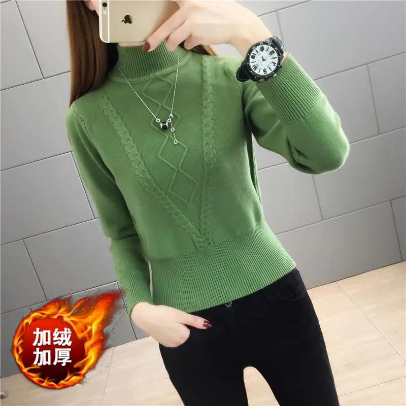 Autumn and Winter Women\'s Pullover Half High Neck Long Sleeve Solid Twist Stripe Plaid Slim Fit Sweater Fashion Casual Knit Tops