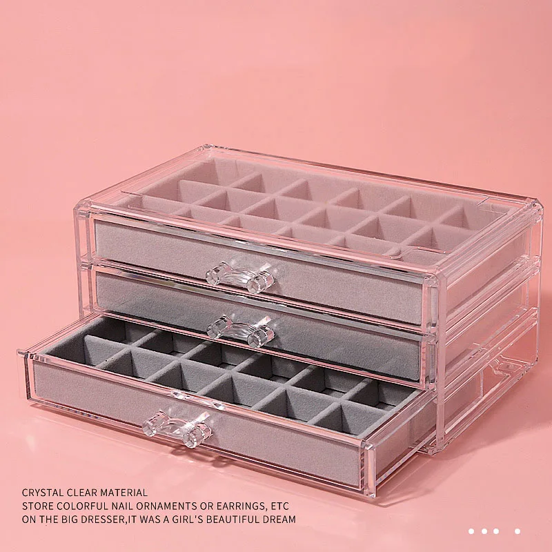 Jewelry Storage Box Scratch Resistant Transparent Multi-layer Nail Box Classification Drawer Jewelry Display Rack Flannel 54 Gri