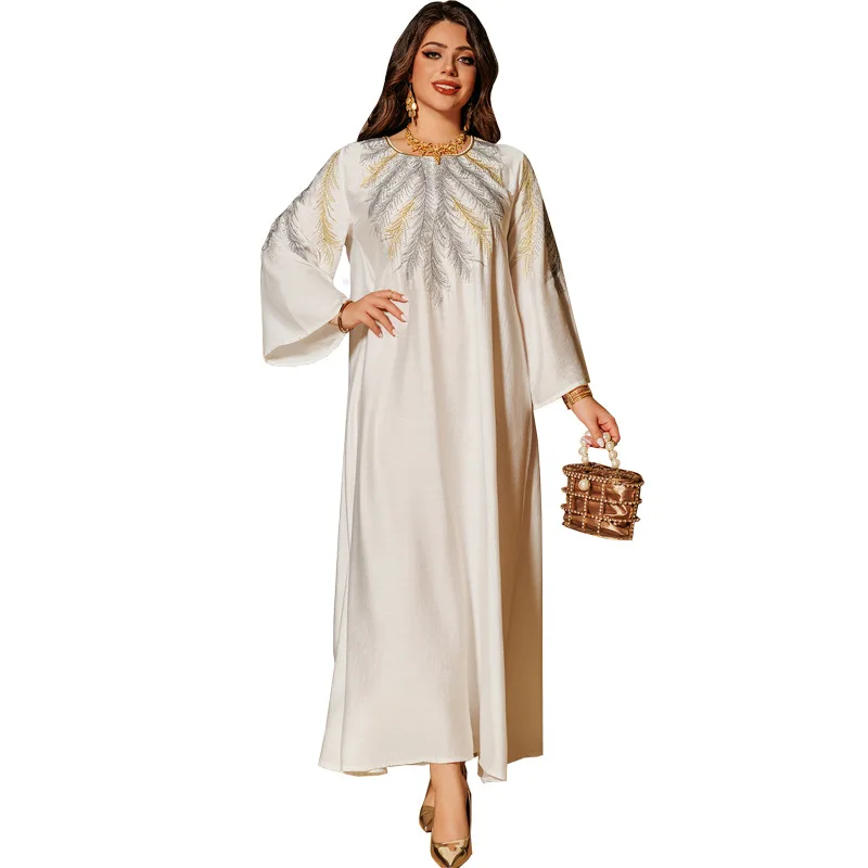 Vestido feminino de manga comprida com gola redonda e borla, muçulmano, moda árabe, flor bordada, glitter, abaya casual, marroquino, dubai