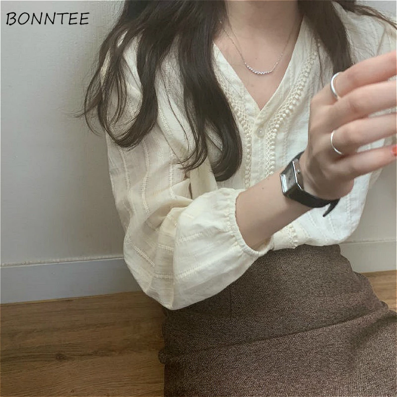 Shirts Women Tender S-3XL Elegant Korean Simple Chic V-Neck Summer Ladies Top Popular Long Sleeve Lovely Girls Clothing Hot Ins