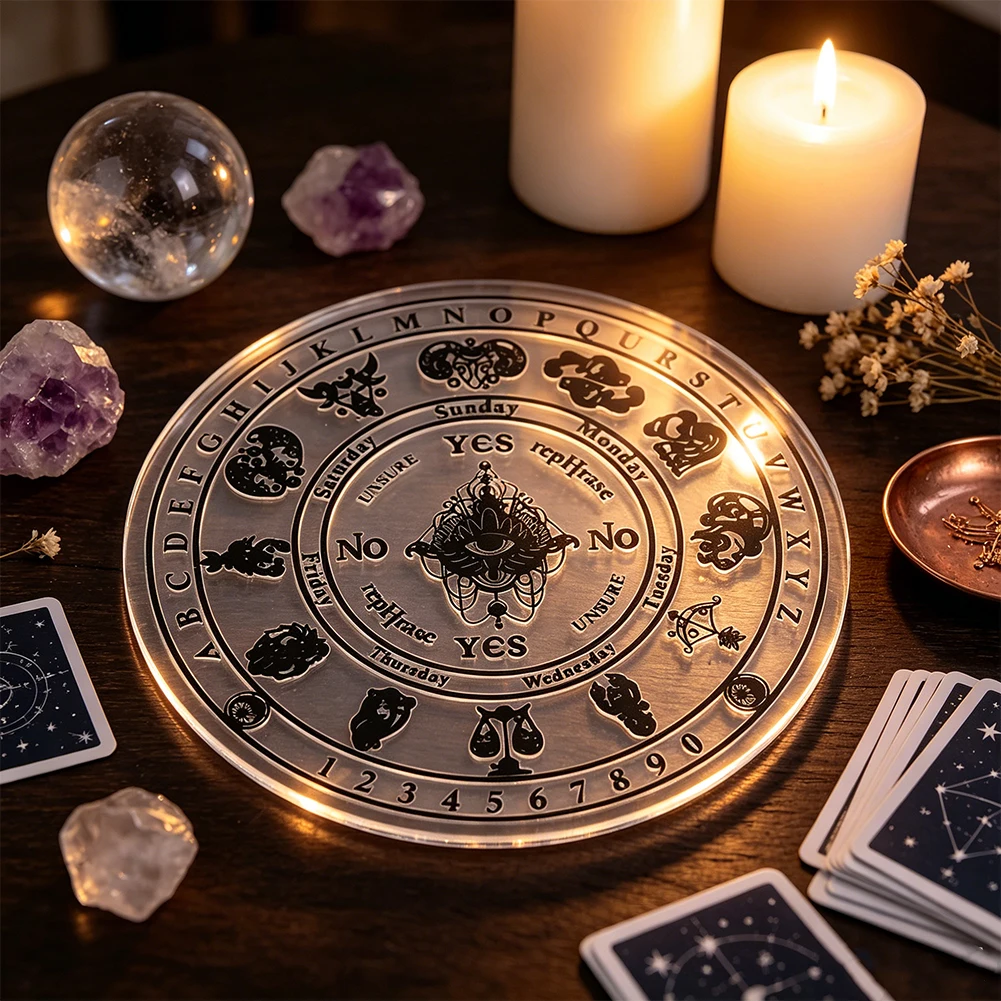 Clear Acrylic Pendulum Board, Zodiac Symbol Yes No Divination Spirit Board with Letters Numbers for Wicca Witchcraft Altar Decor