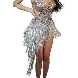 Sparkly Silver Rhinestones Sequins Tube Top Skirt 2 Pieces Set Sexy Birthday Party Dress Performance Dance Costume Stage Wear