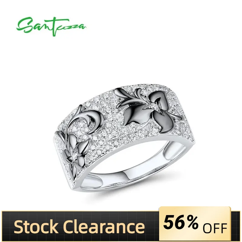 

SANTUZZA Silver Rings For Women Pure 925 Sterling Silver Sparkling White Cubic Zirconia Black Flowers Fashion Fine Jewelry