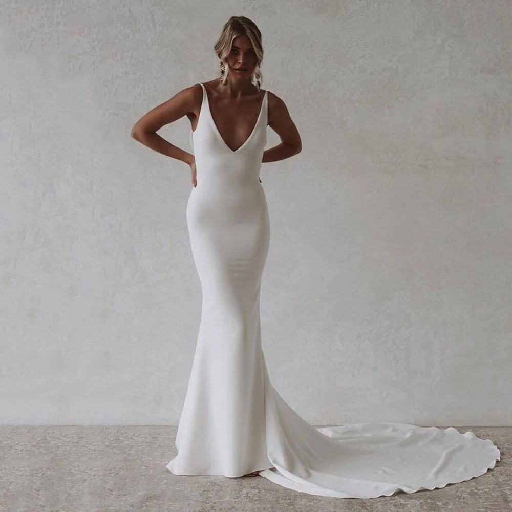 Vintage Wedding Dresses 2024 V neck Mermaid Satin Bride Dresses Sweet Train Backless Wedding Reception Women Party Bridal Gown