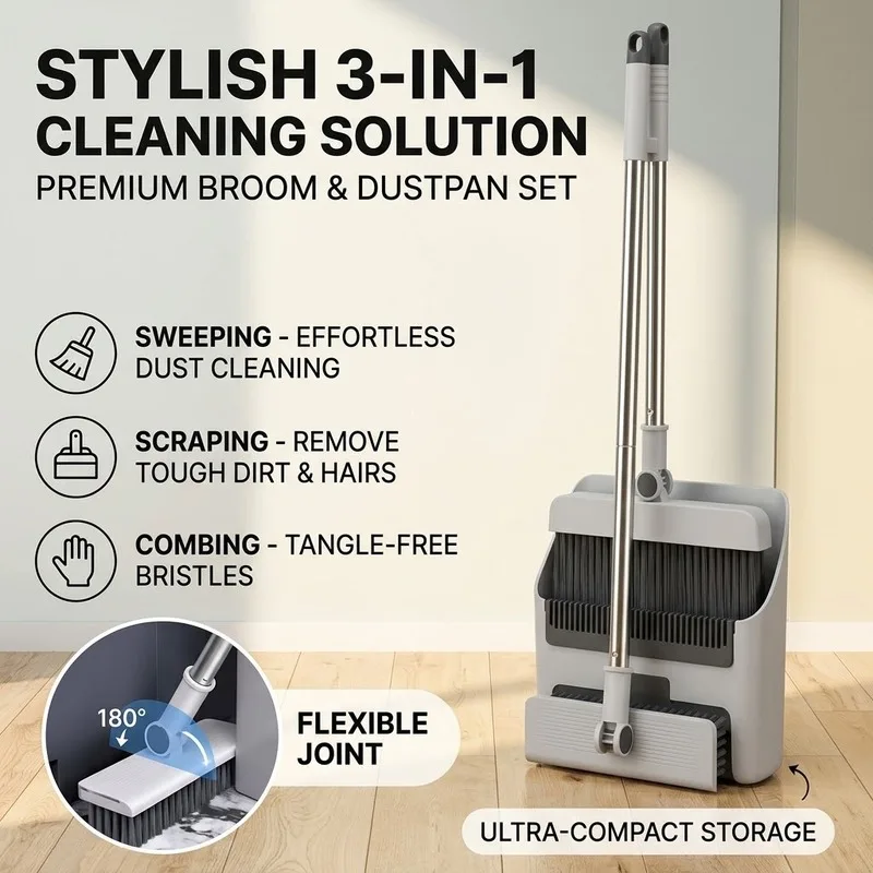 Christmas Stocking Stuffers 3 in 1 Broom Dustpan Set 180° Rotatable Built-in Hair Scraper Kitchen Bathroom Home Xmas Gift