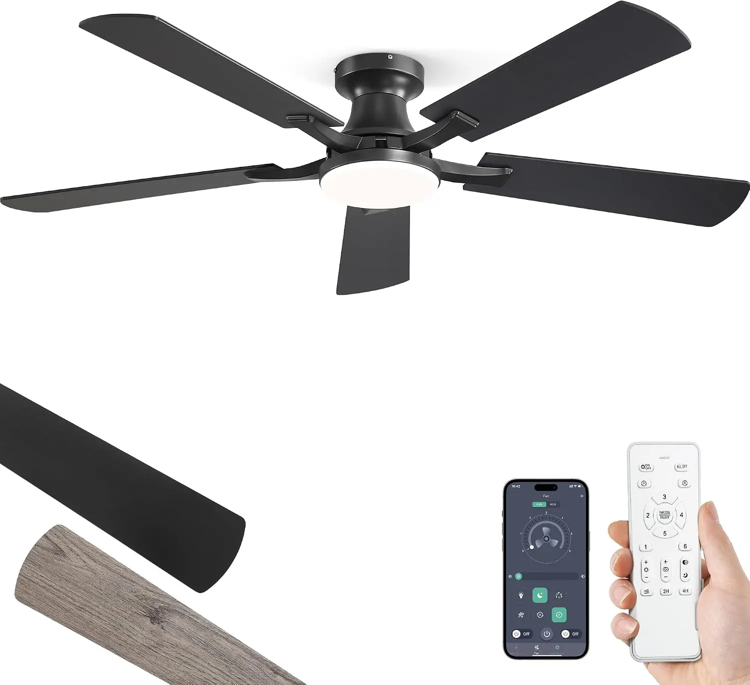 

52 Inch Ceiling Fan with Light, App & Remote Control, Flush Mount, Dimmable LED, Quiet Reversible Motor for Bedroom Living Room, Black