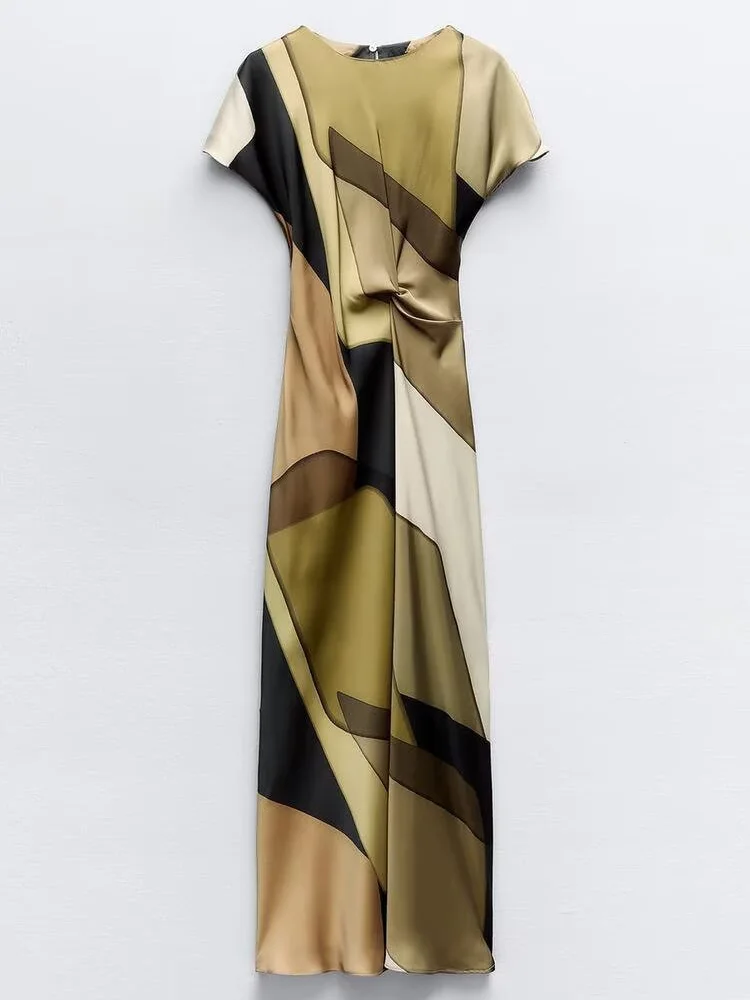 Frühling Neue Ankunft frauen Midi Dr Abnehmen Taille Seide Satin Druck ZA2025 Ele Faionable Ein Stück Langen Rock