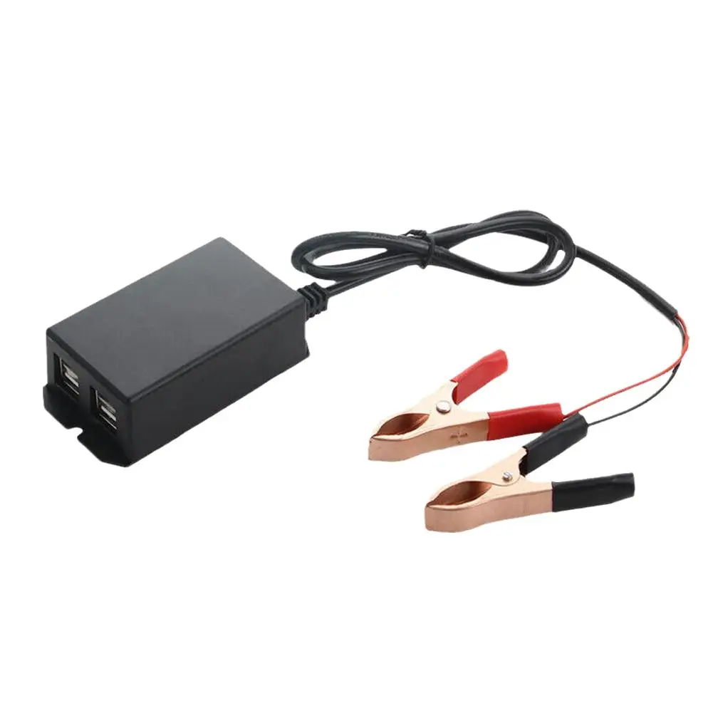 12V DC Power Adapter with Battery Clip Motorcycle Vehicle USB Hub Phone Charger 4 Ports USB 5V 3A DC8-30V Charging