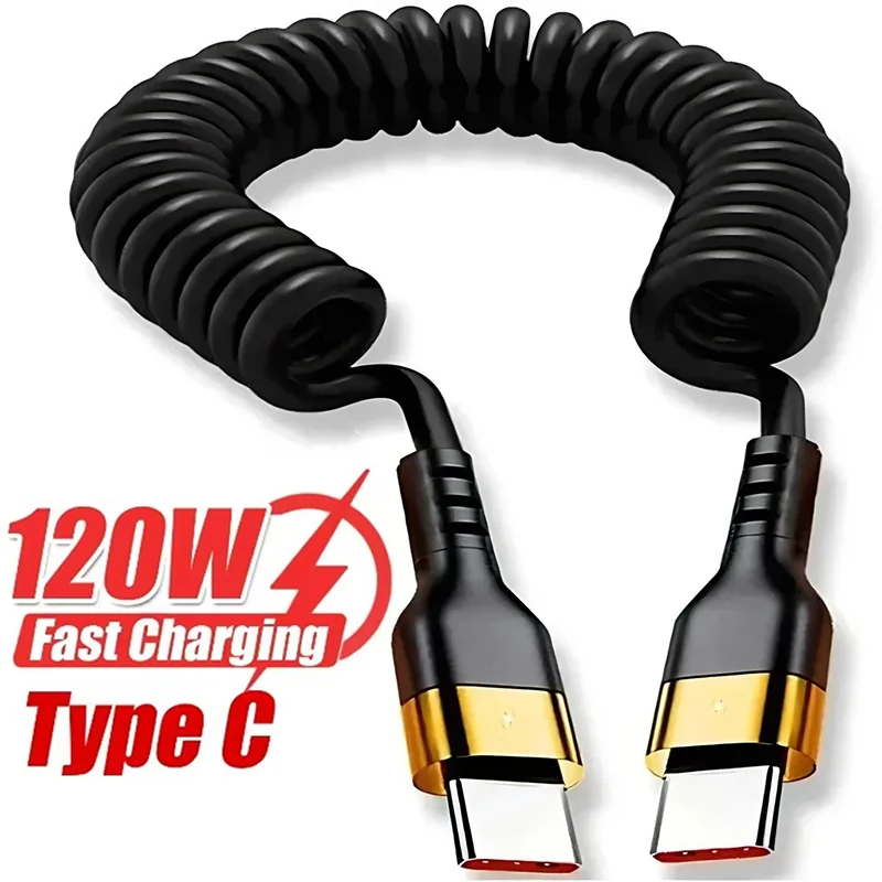 Typ-C zu Typ-C Schnellladekabel 120W 6A Spiralförmiges Ausziehbares Typ-C-Kabel Auto-Handy-Ladekabel für iPhone 17 Huawei