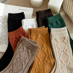 Korean Japanese Knitted Pattern Women Socks Cashmere Wool Solid Harajuku Retro Long Socks Girls Thermal Vintage Streetwear Sock