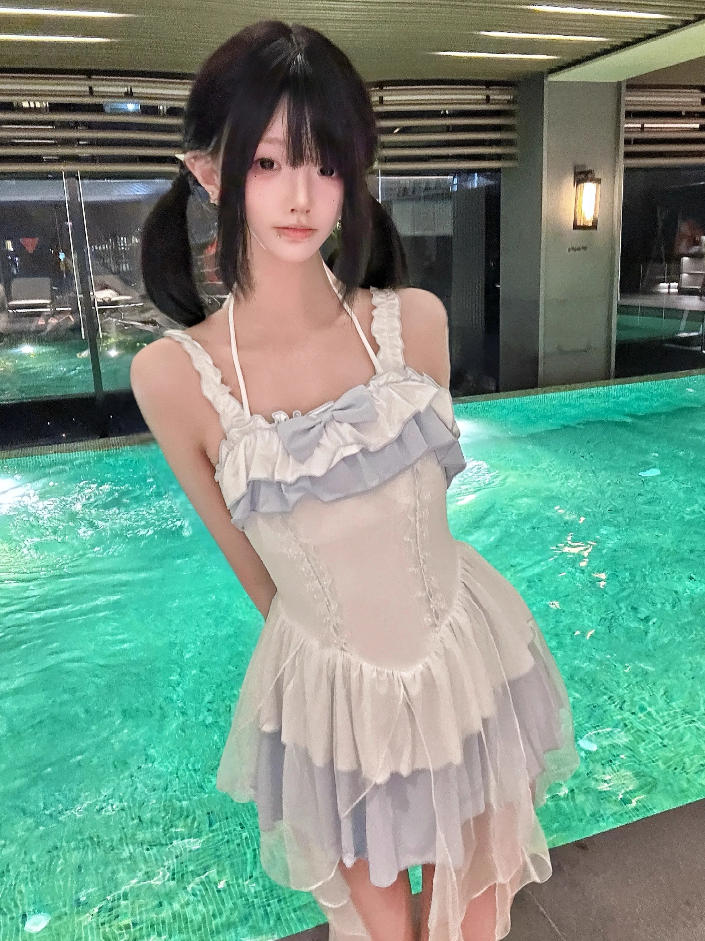 Summer New Sweet Girl One-piece Swimsuit Japanese Lolita Kawaii Cute Bow Student Swimwear Y2k Bathing Suit Women 2025