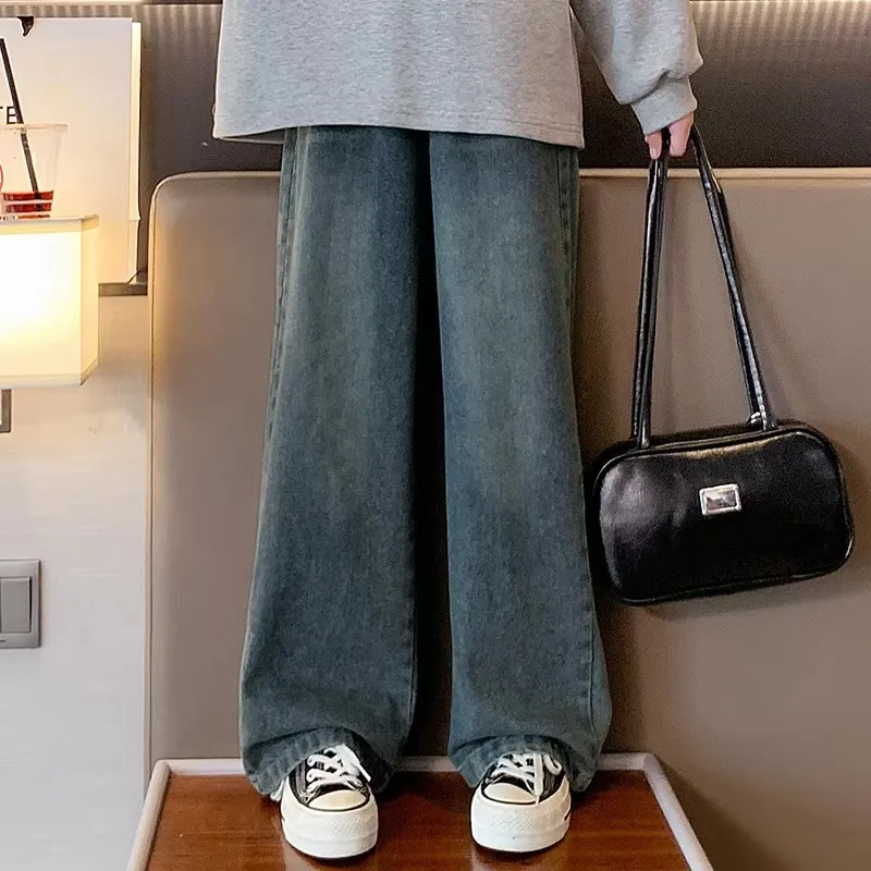 10代の若者向けのヴィンテージブルージーンズ、子供向けのカジュアルストレートデニムパンツ、レディースパンツ、無地、韓国スタイル、子供、女の子向け