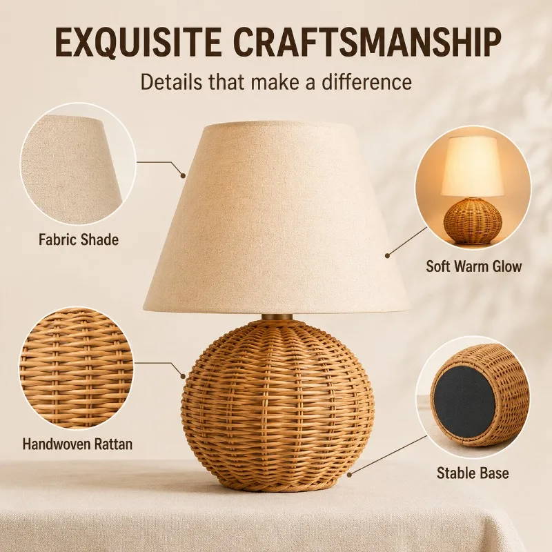 220V AC Quiet Wind Rattan Table Lamp E27 Lamp Holder with Warm Light LED Bulb Suitable for Bedroom, Living Room and Study