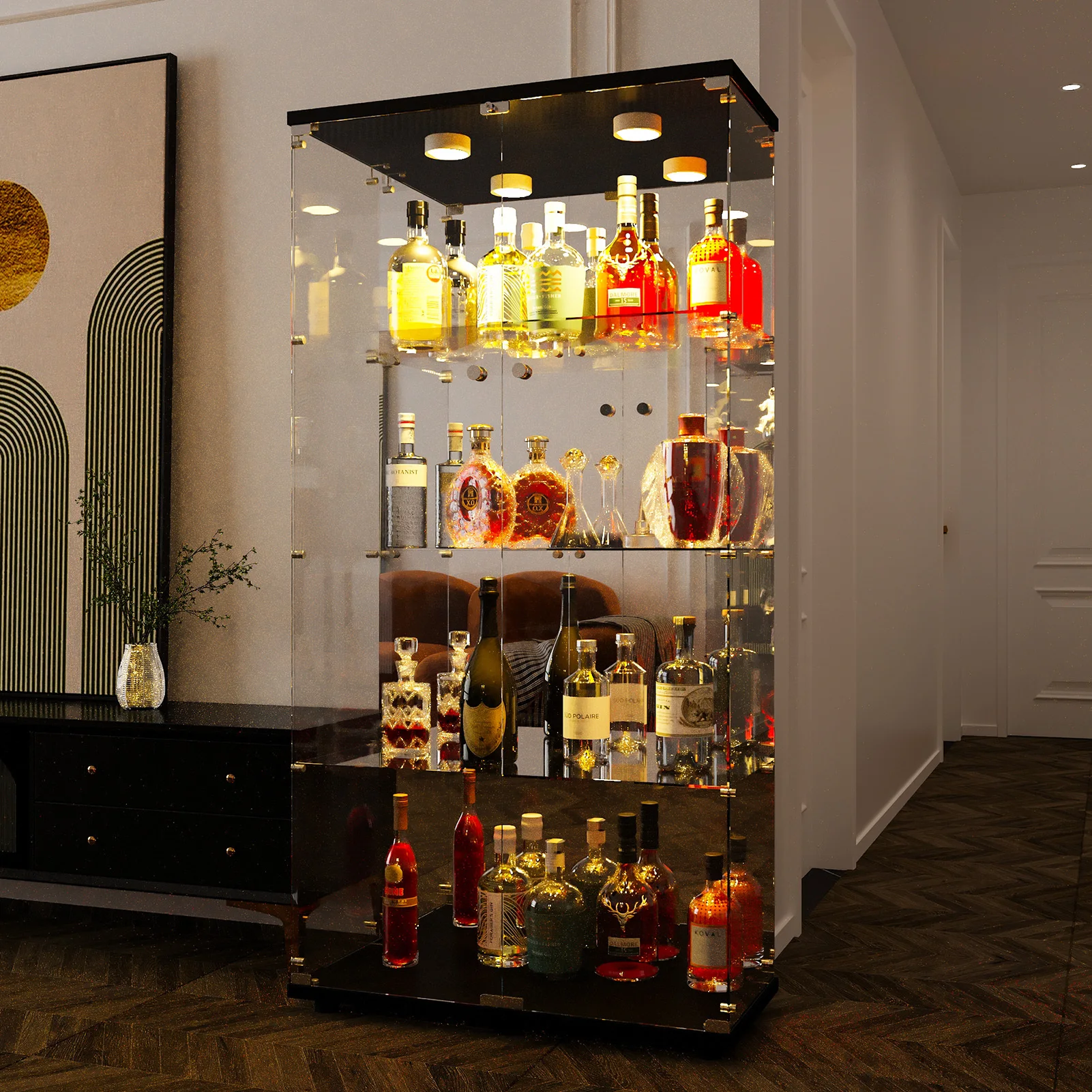 

Glass Display Cabinet with Light Showcase Wine Cabinets Living Room Shelf Corner Liquor Wine Cabinet Rack Counter Bar Furniture