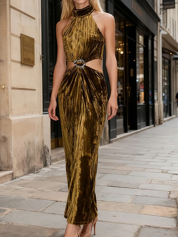 Robe de Banquet d'été sans manches, dos nu, tempérament de luxe, taille haute, robe de soirée, mode, Sexy, ajourée, col licou