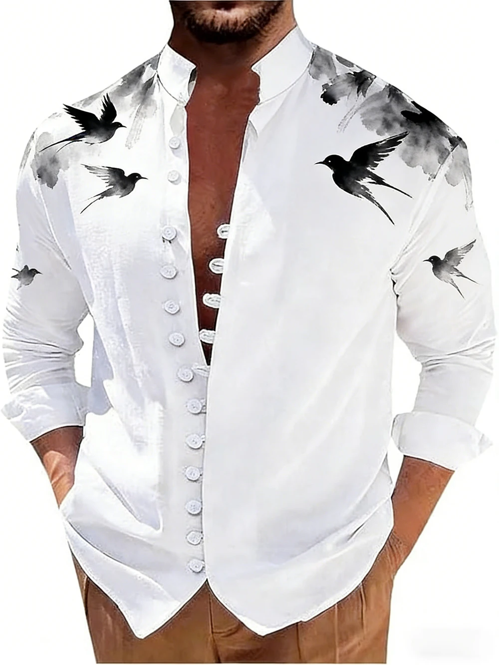 Men's Linen Casual Long Sleeve Shirt HD Natural Plant 3D Printed White Shirt Hawaiian Vacation Outdoor Wedding Men's Clothes