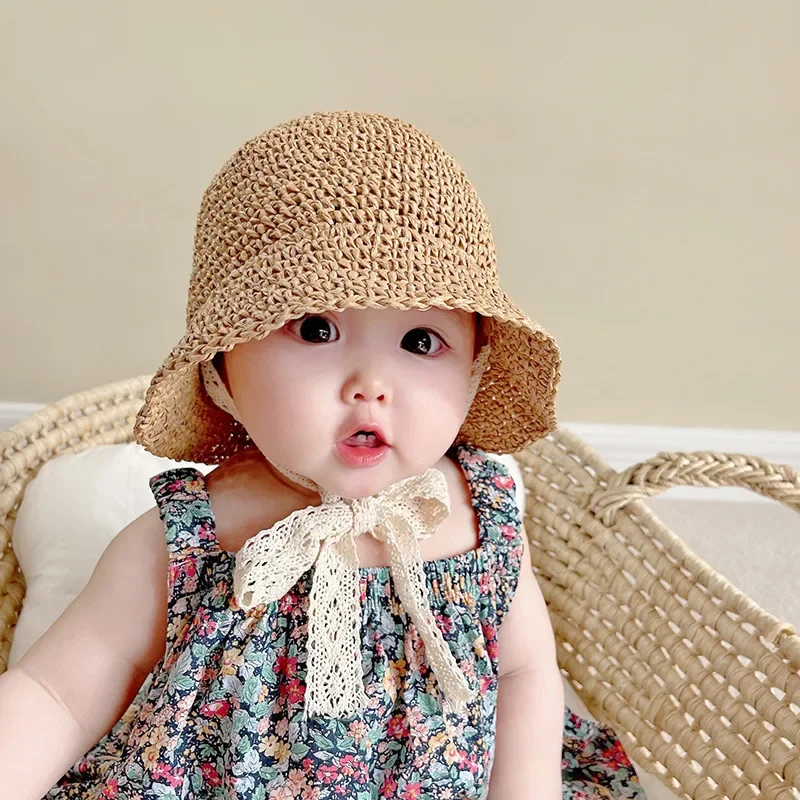 Chapeau de pêcheur en paille pour fille, chapeau de plage d'été pour bébé en bas âge, avec nœud en dentelle, Panama, ombre pour bébé, Pot de protection solaire