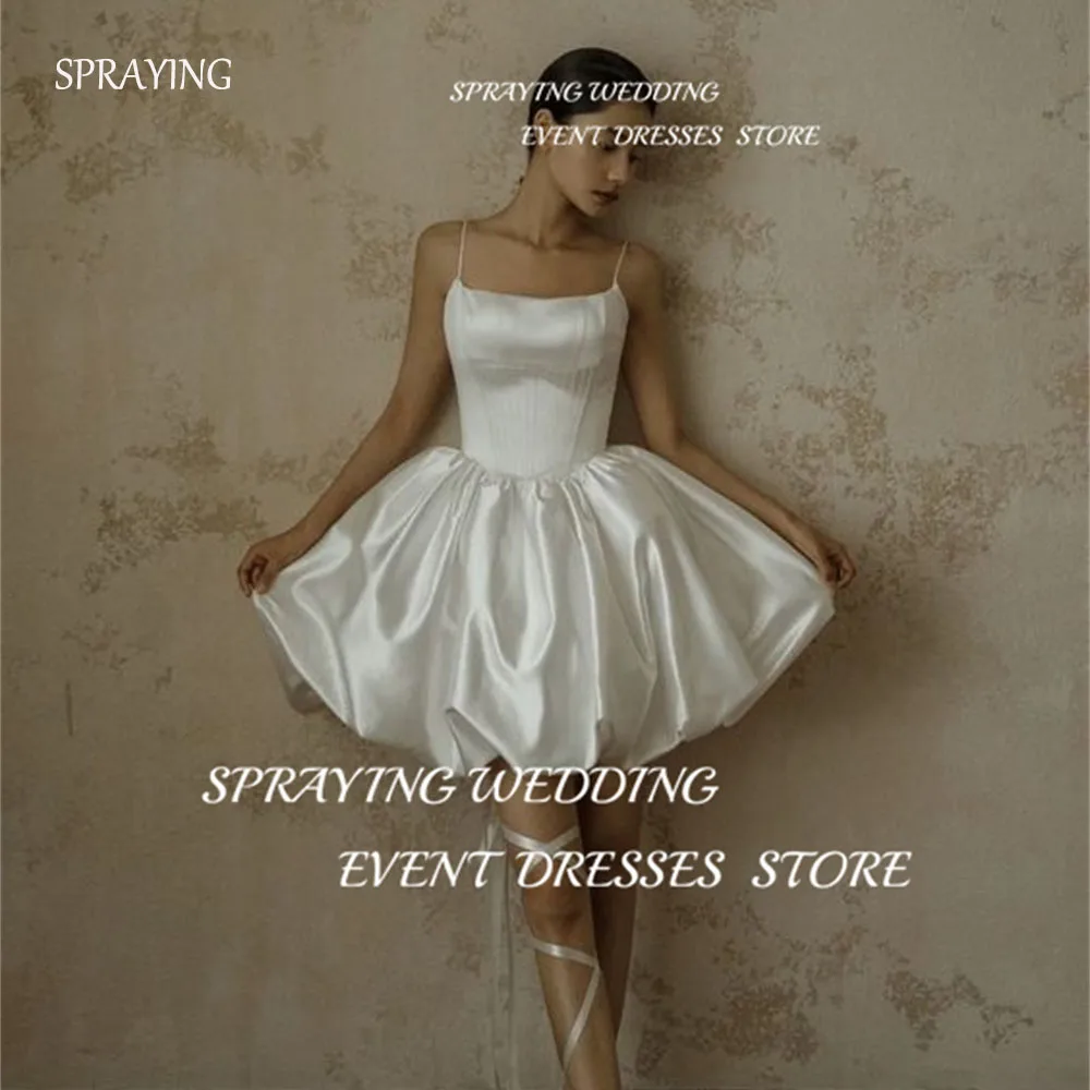 

SPRAYING Women Mini Spaghetti Strap wedding dress Above the knee Short Bridal Gown Pleat Sleeveless Formal Cocktail Dress