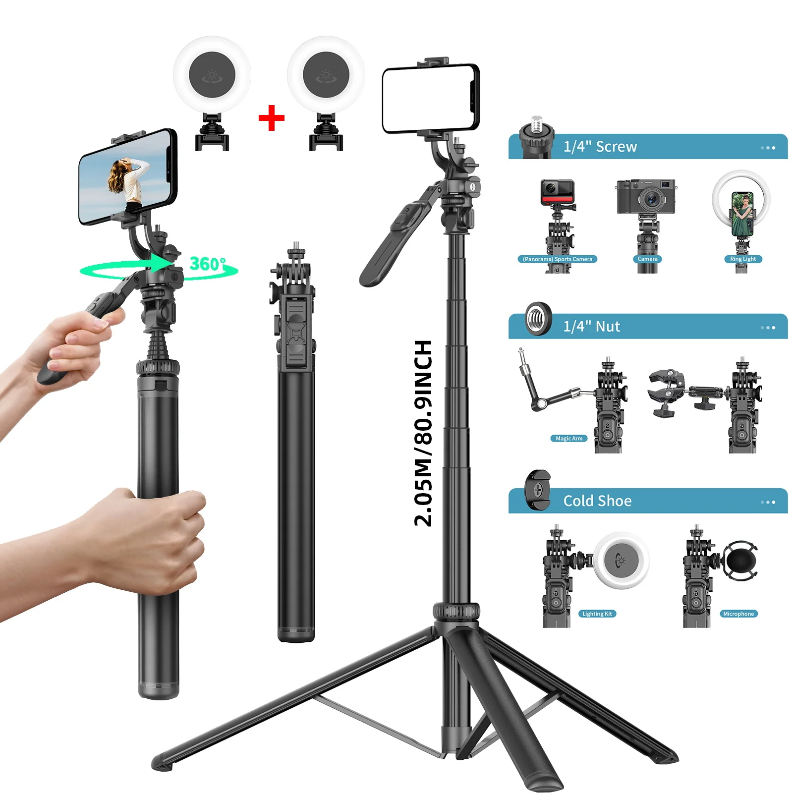 2055mm Wireless Selfie Stick Tripod for Mobile Handheld Gimbal 1/4 Screw Removable Light Wireless Remote for Live Phone Camera