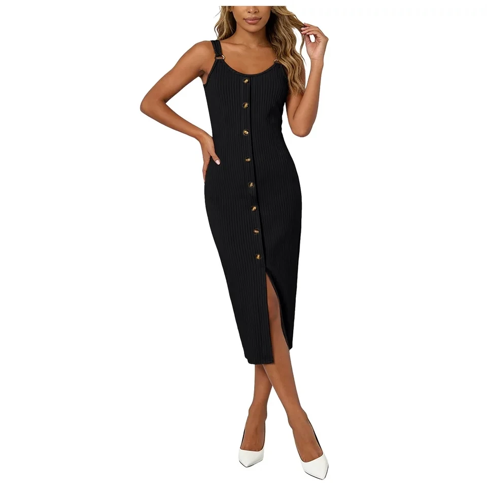 

Womens Summer Knitted Suspender Dress Lady Sleeveless Button Down Sundress Spaghetti Strap Dresses Robe Vestidos