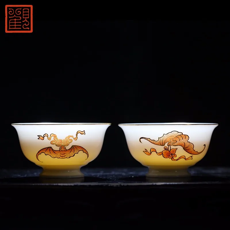 

Guanfu Museum Jingdezhen Tea Set Blessing Within Sight Couple Cups Manual Painting Golden Hand Painted Alum Red Color Tea Cup Ku