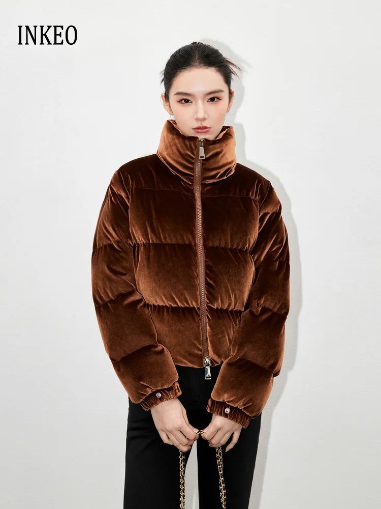 Vintage Velvet down jacket for women Warm 2025 Trend High collar Zipper puffer coat Luxury Oversize outerwear Chic INKEO DJ097