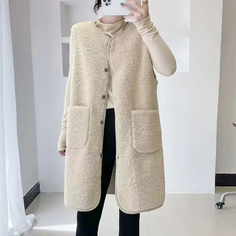 

Korean Fashion Women Autumn Winter Long Fleeced Vest Imitated Woolen Jacket Coat For Female Casual Outwear Tops