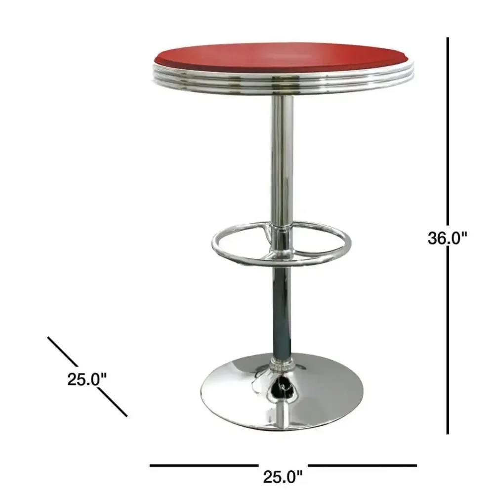 Tavolo da bar retrò regolabile in vinile rosso Stile fontana classica per soda Base cromata 25" Altezza superiore rotonda 26"-36" Poggiapiedi Facile da pulire