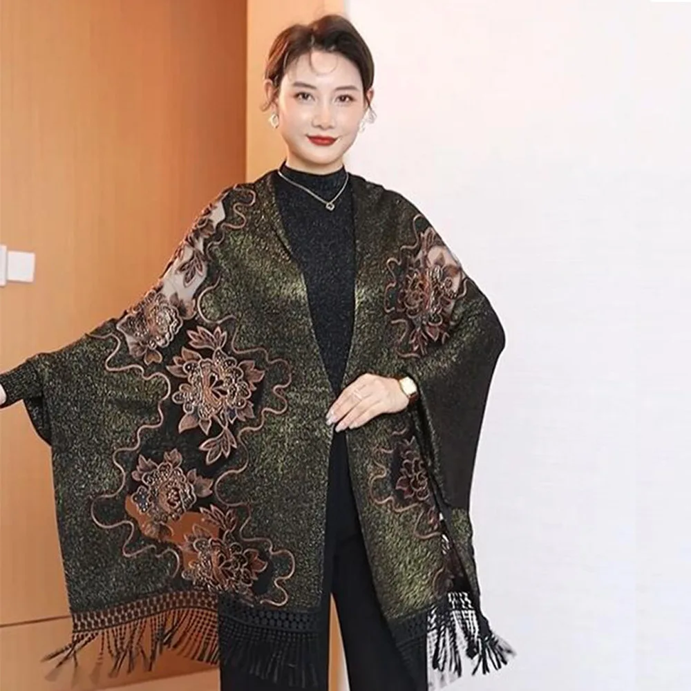 Bat Sleeved Cheongsam Shawl Women Chinese Style Embroidered Flower Wraps Cashmere Blend Cape Shawl Wraps Vintage Bufanda Hijabs