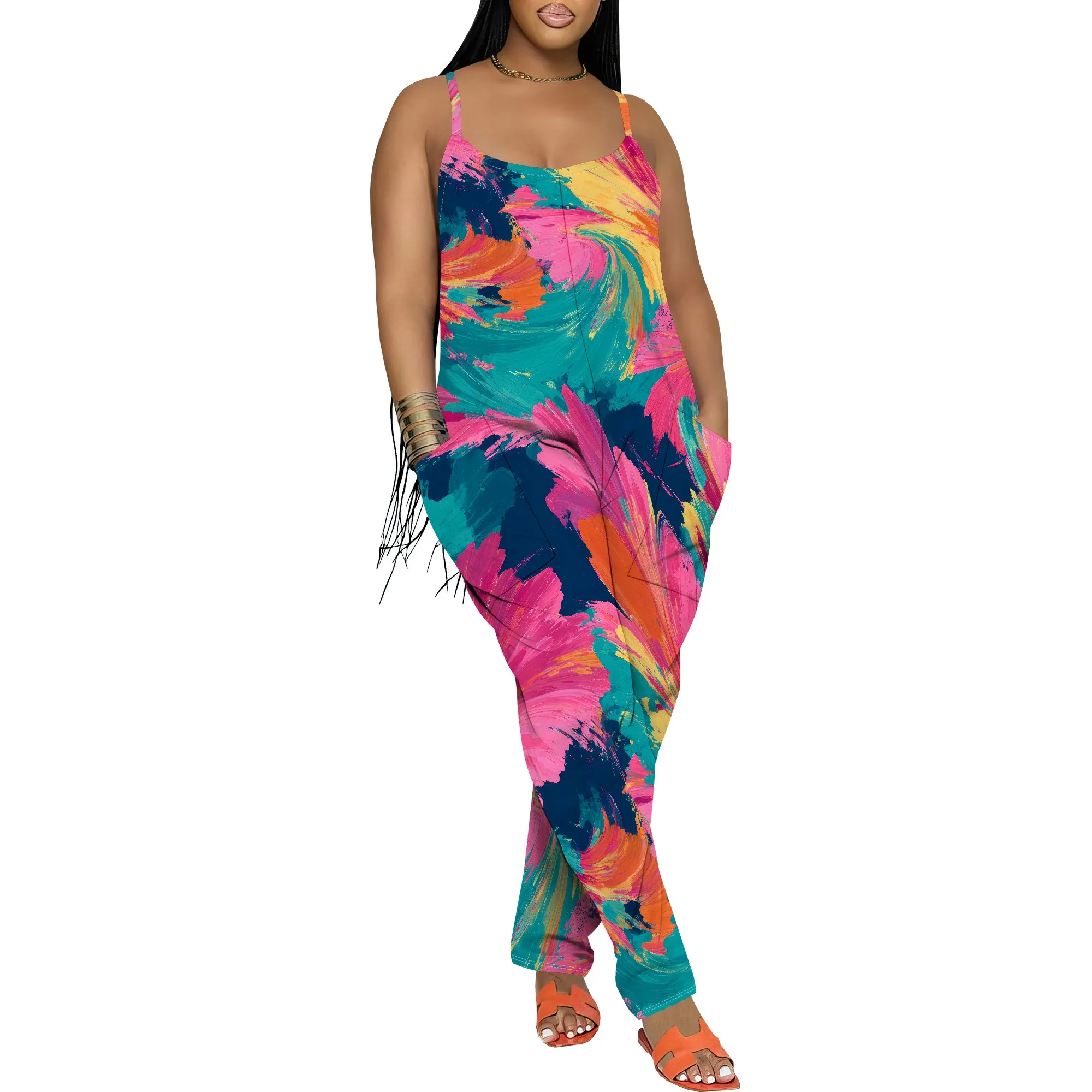 Lässige, einteilige, lockere Sommerhose für Damen, ärmelloses Design, mit Blumenmuster, lockere Passform, mit Taschen