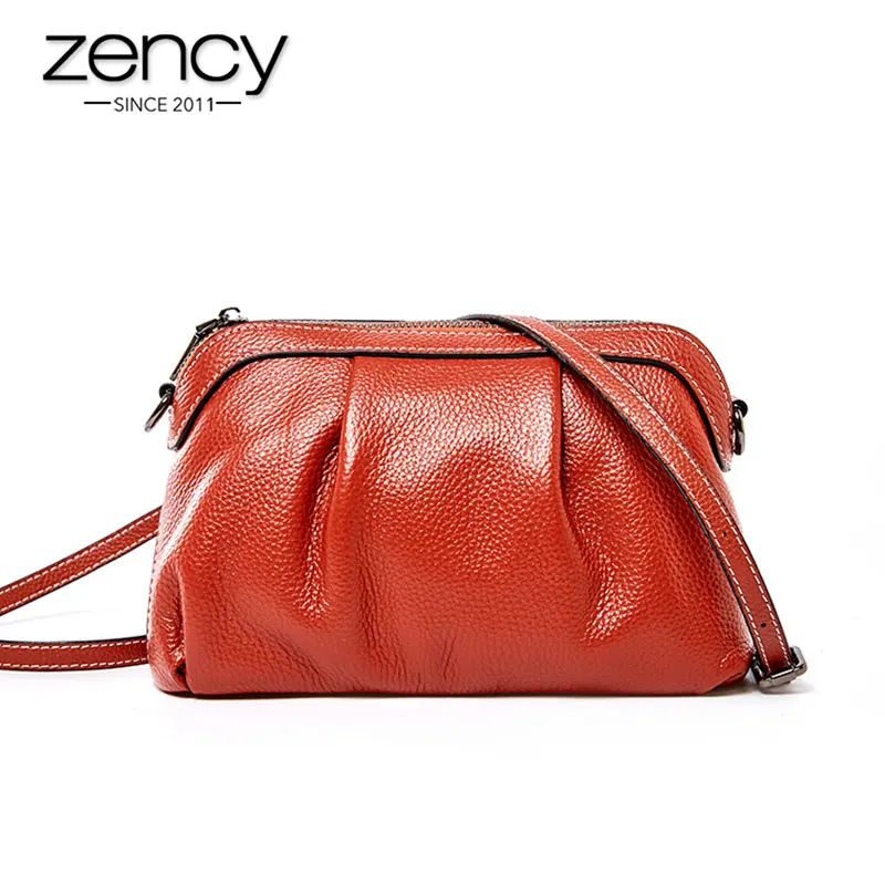 Zency New Women Messenger Bag 100% Genuine Leather High Quality Small Hobos Bags Daily Casual Lady Shoulder Bag Brown Wine Red