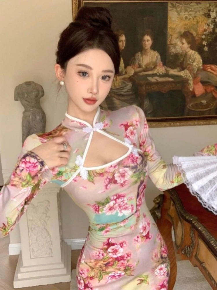 150kg 5XL Large Size Vintage Chinese Cheongsam Print High Split Bodycon Maxi Dress Plus Size Long Sleeve Qipao Long Vestidos