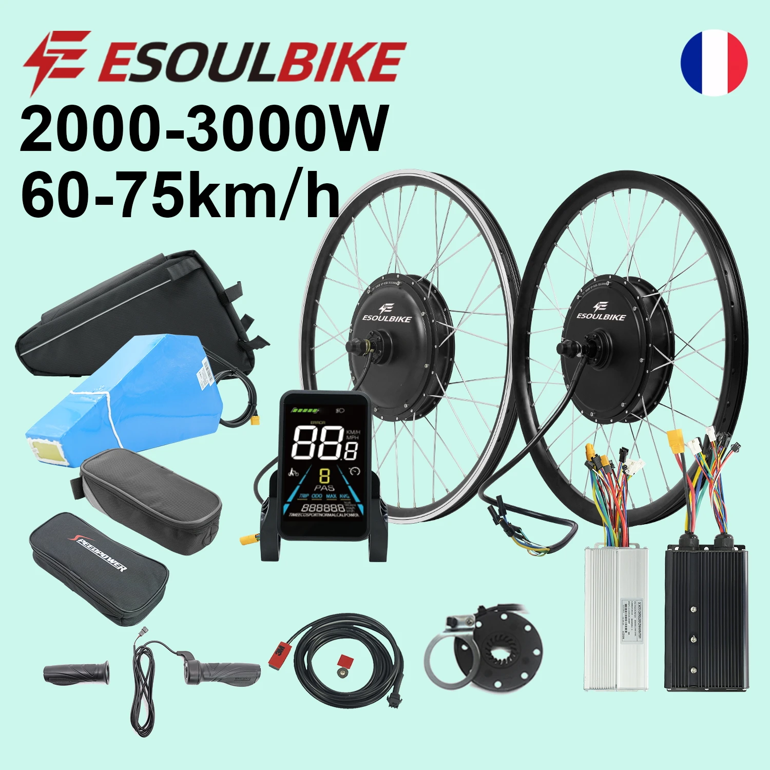 Kit de conversion de moteur de vélo ESOULBIKE 72V 3000W 52V 2000W Moteur de moyeu de roue de jante MTX 26 pouces 27,5/28/29/700C avec batterie 72V 30Ah