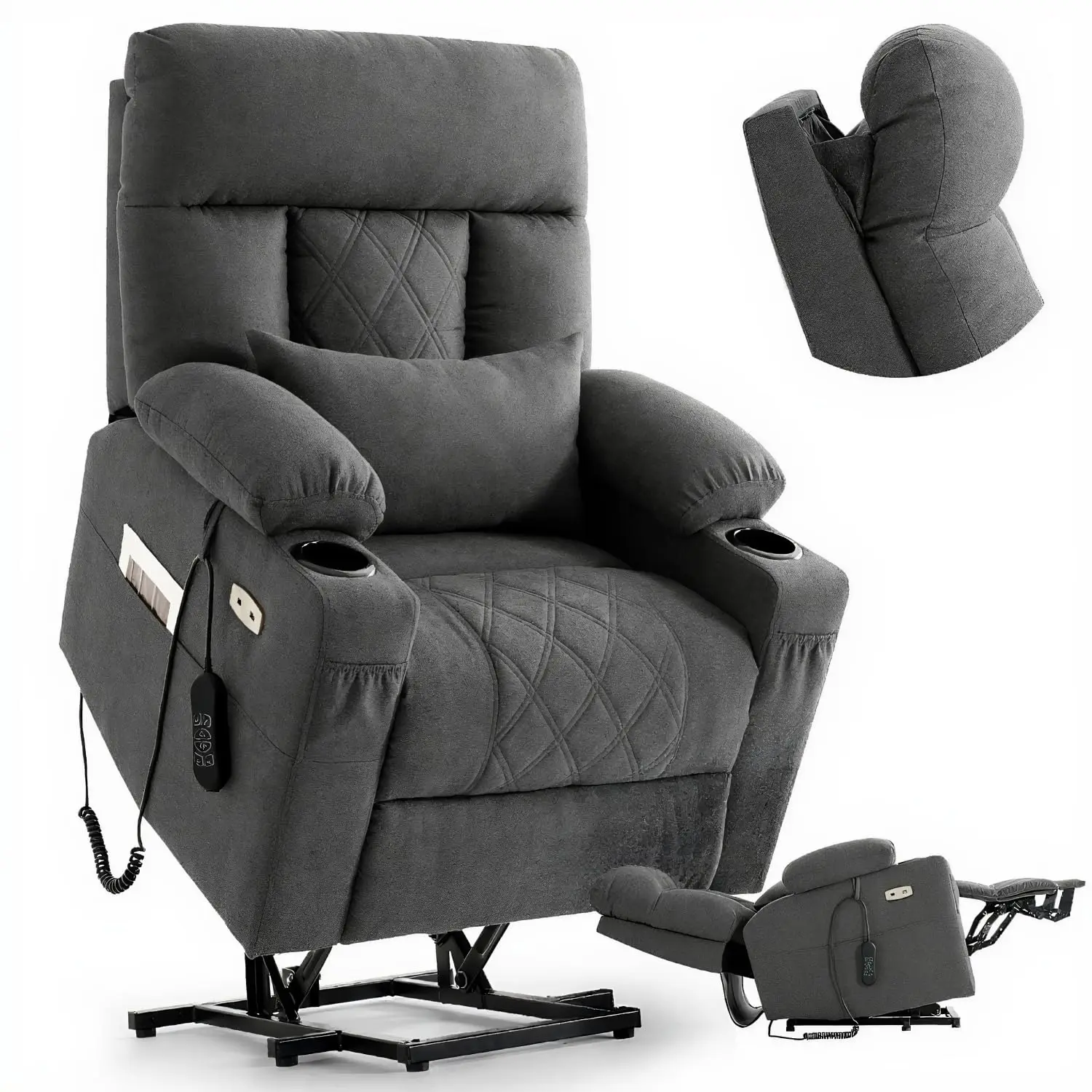 

Power Lift Recliner Elderly Zero Gravity Lay Flat Adjustable Headrest Lumbar Massage Heat Grey, Customized