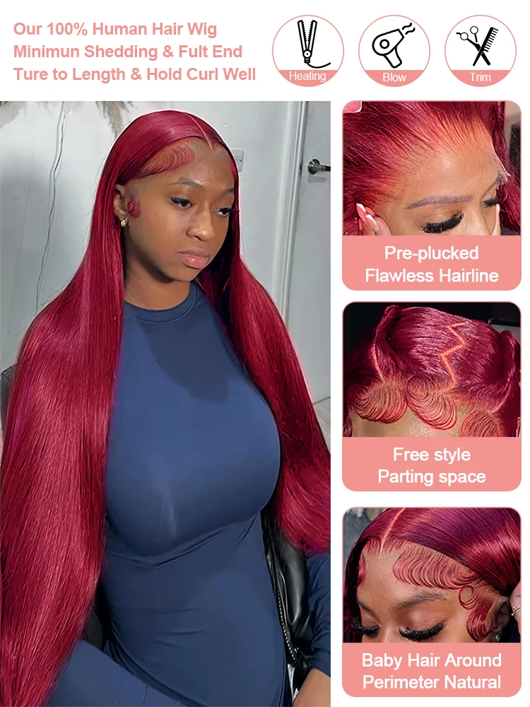 Burgundy Straight 13x6 HD Lace Frontal Human Hair Wig Pre Plucked 30 38 Inch 99J Red Lace Front Wigs Brazilian Transparent Colored Glueless Wigs Human Hair