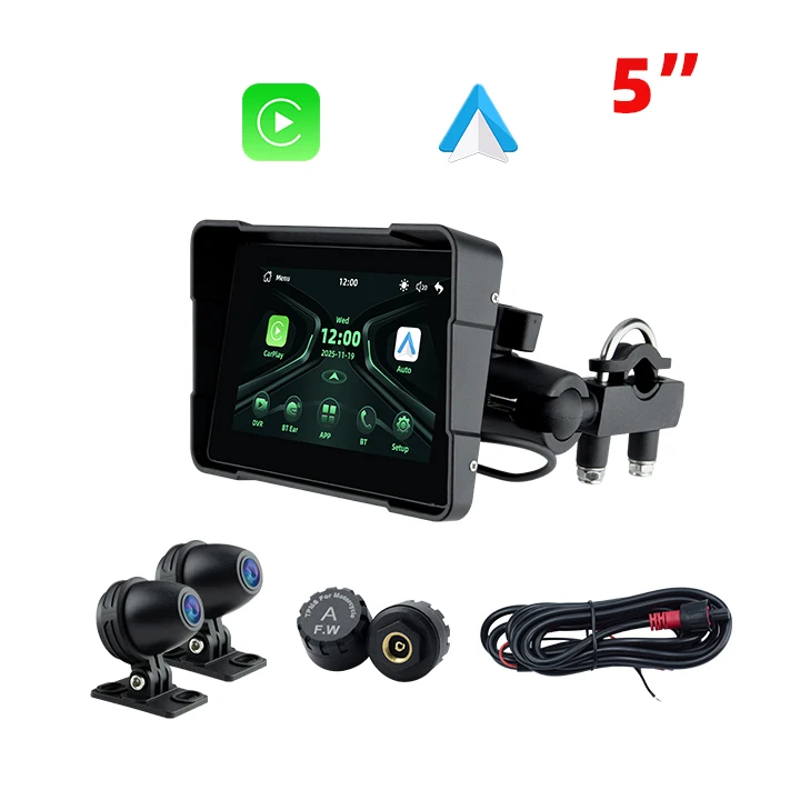 

IP67 5 Inch Screen Motorcycle Motorcycle Wireless CarPlay Android Auto Navigation Mirroring Display Screen Support TPMS/2ch-DVR