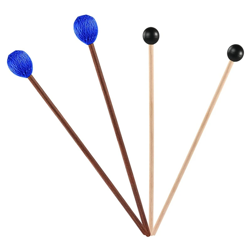 2 Pairs Marimba Mallets Glockenspiel Sticks With Wood Handle Medium Hard Blue Yarn And Black Rubber With Wood Handle