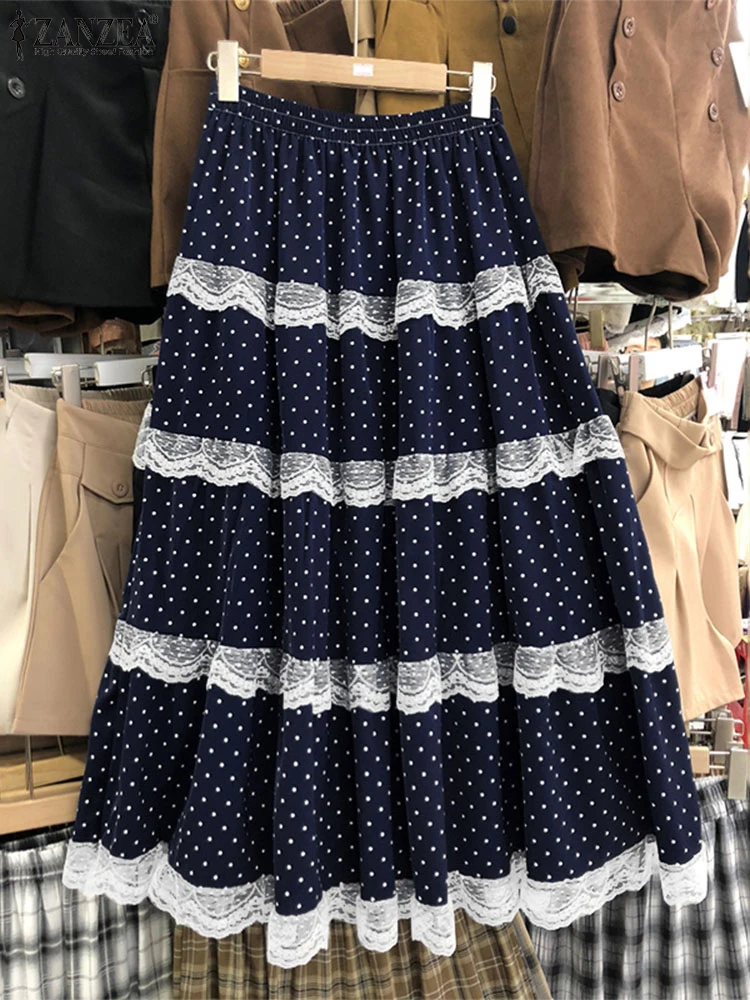 ZANZEA Women Vintage Maxi Skirts Summer Polka Dot Bohemian Long Skirts 2025 Lace Patchwoek High Waist Fashion Casual Bottoms
