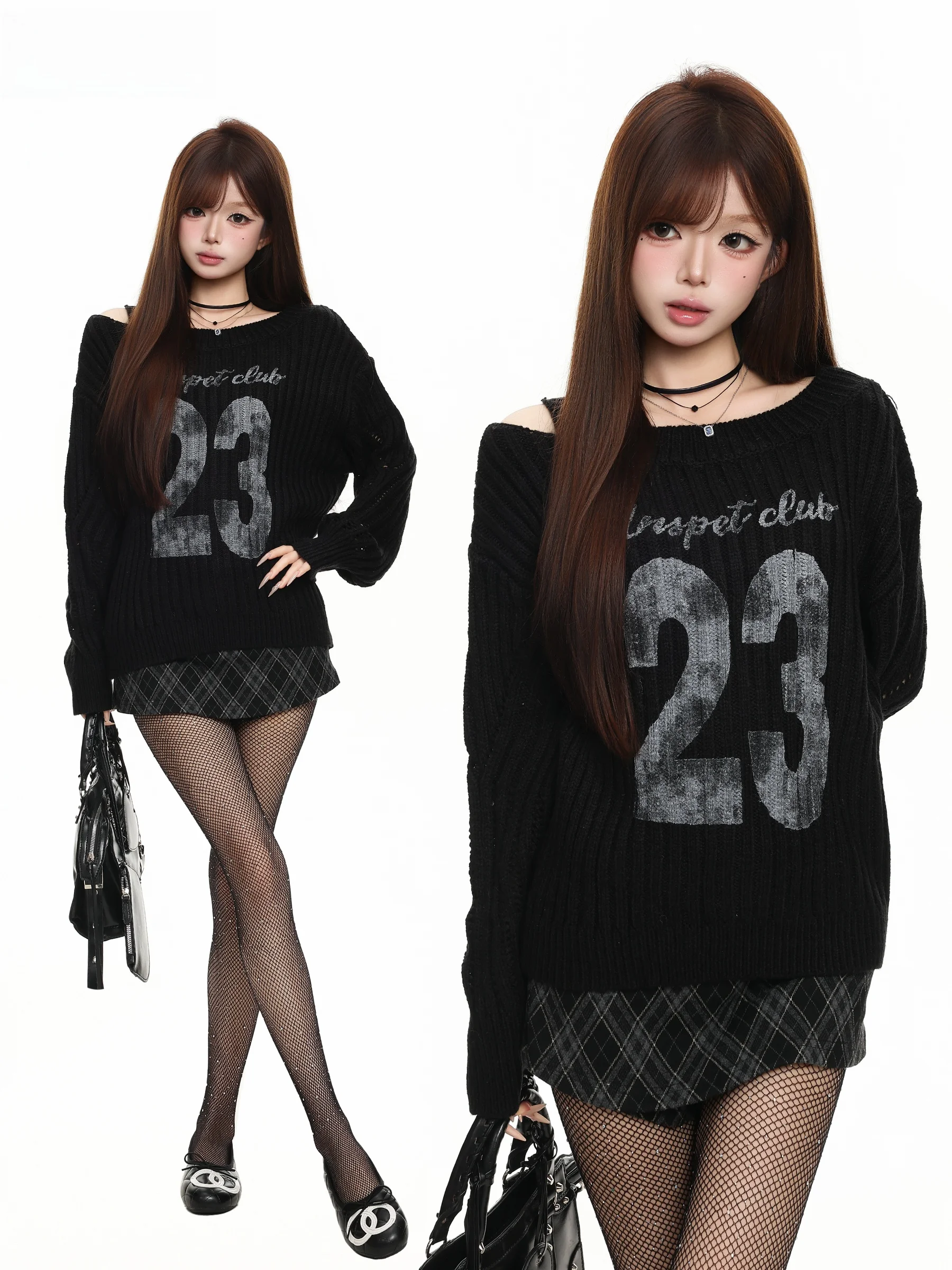 BASTERDS American Lazy Style V-neck Sweater Women's 2026 Autumn Design Slim Fit Shoulder Exposure Knitted Top Casual Wear