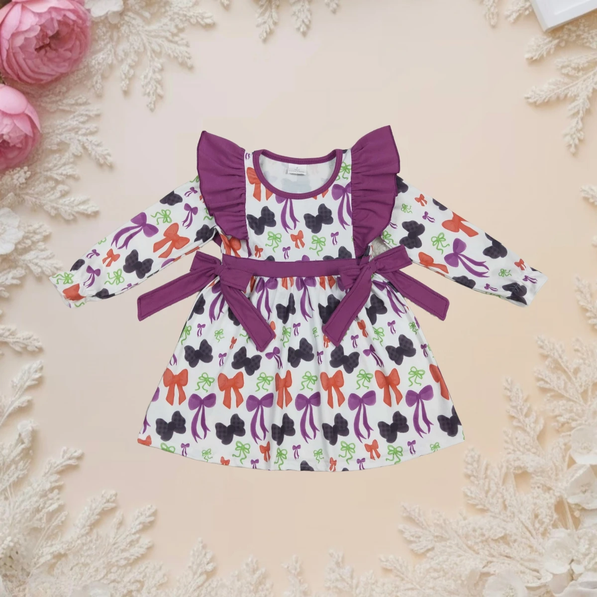 

Halloween Baby Girl Dress Long Sleeves Ruffle Bows Princess Dresses Clothes Cute Sweet Infant Toddler Knee Length Dress Clothing