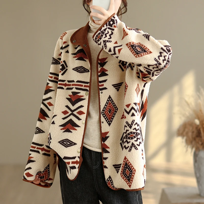 

Осень-зима, двусторонняя куртка из меха ягненка, женская повседневная бархатная теплая верхняя одежда с геометрическим принтом, длинный кардиган све