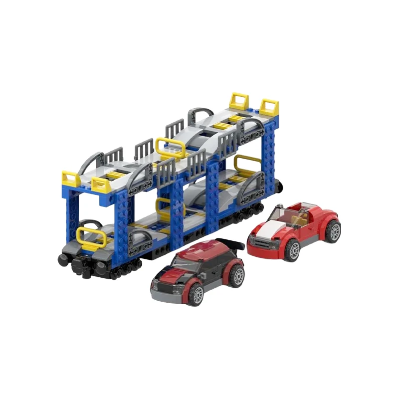 MOC Railway Car Transport Carrier Freight Wagon Building Blocks Double Deck Vehicle Carrier Model Track Extension Toy Adult