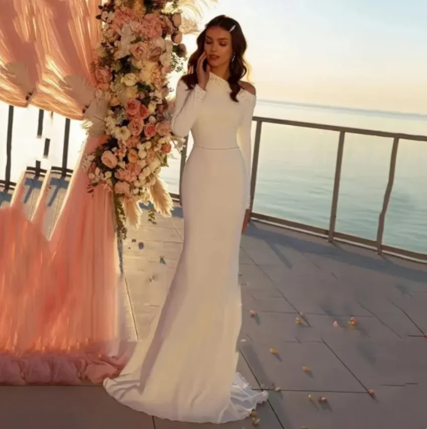 Beads Belt Full Sleeves Bride Gowns Pleat Court Train Robe De Mariée Morden Luxury Satin Mermaid Wedding Dresses For Woman 2024